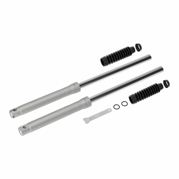 Telegabel mit hydraulischer Dämpfung + Faltenbälge - Trommelbremse, silber seidenmatt - S50, S51, S51E, S70, S70E, S53, S83